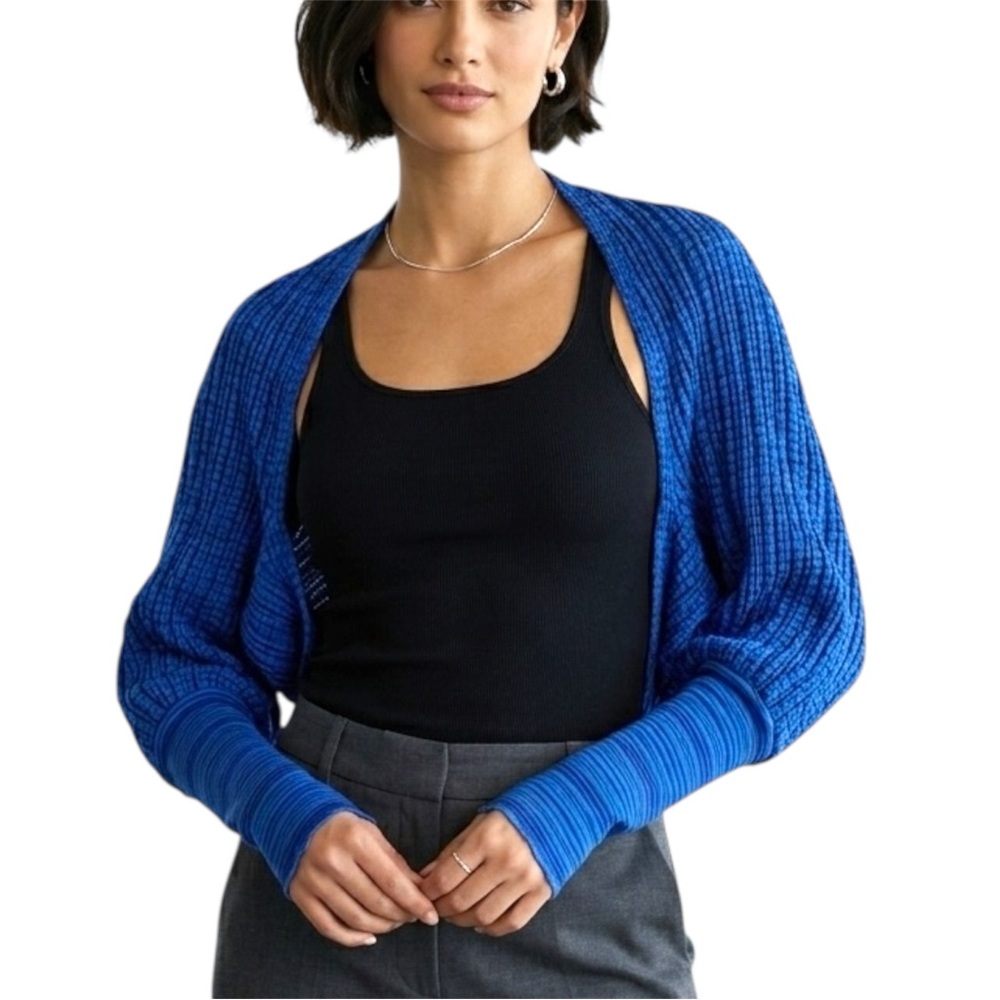 Ioanna Kourbela Blue Knit Open Front Shrug Cocoon Wrap Bolero Cardigan Size M/L